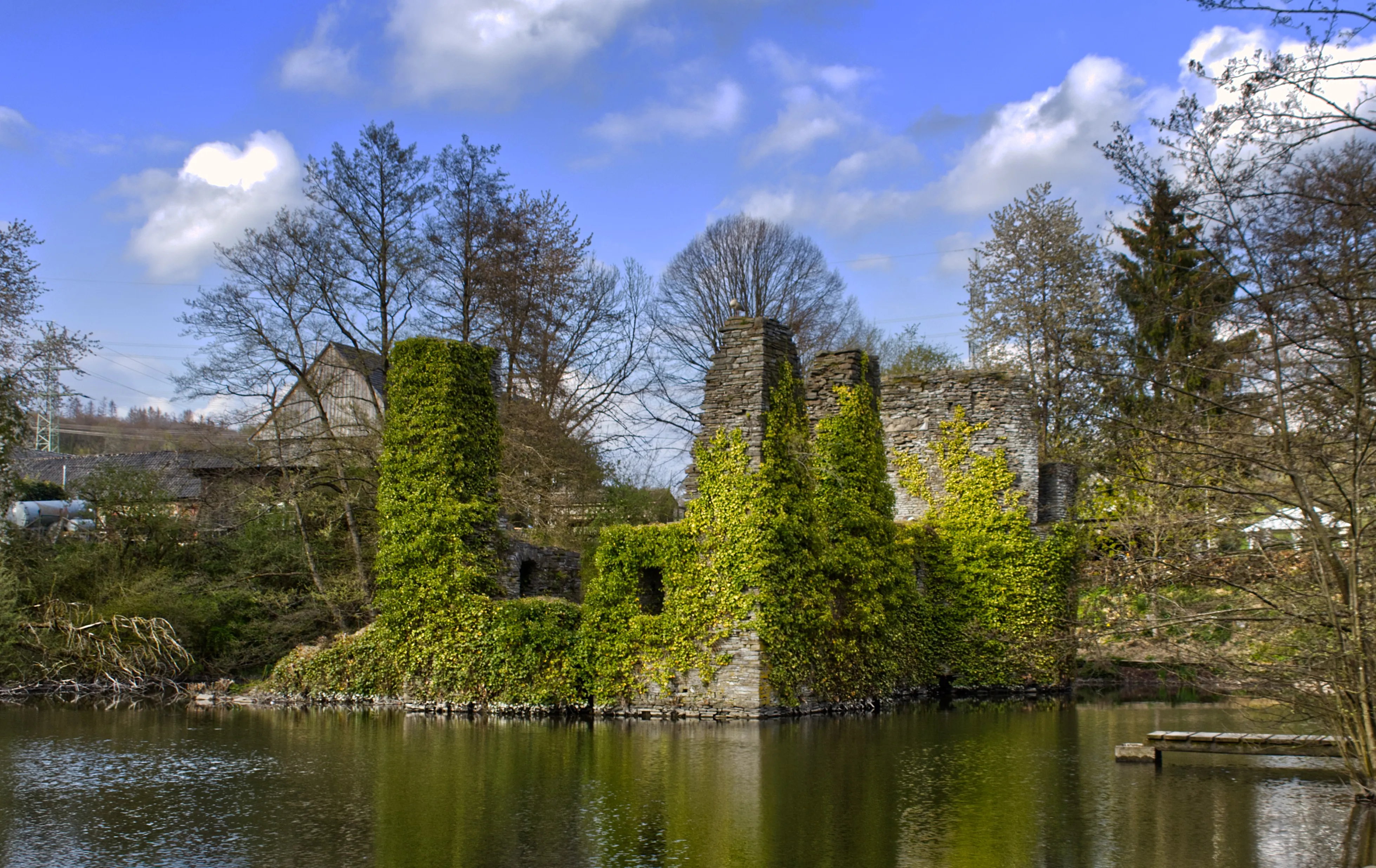 Efeuüberwucherte Mauerreste einer Burgruine spiegeln sich bei sonnigem Tageslicht im ruhigen Wasser eines Sees.