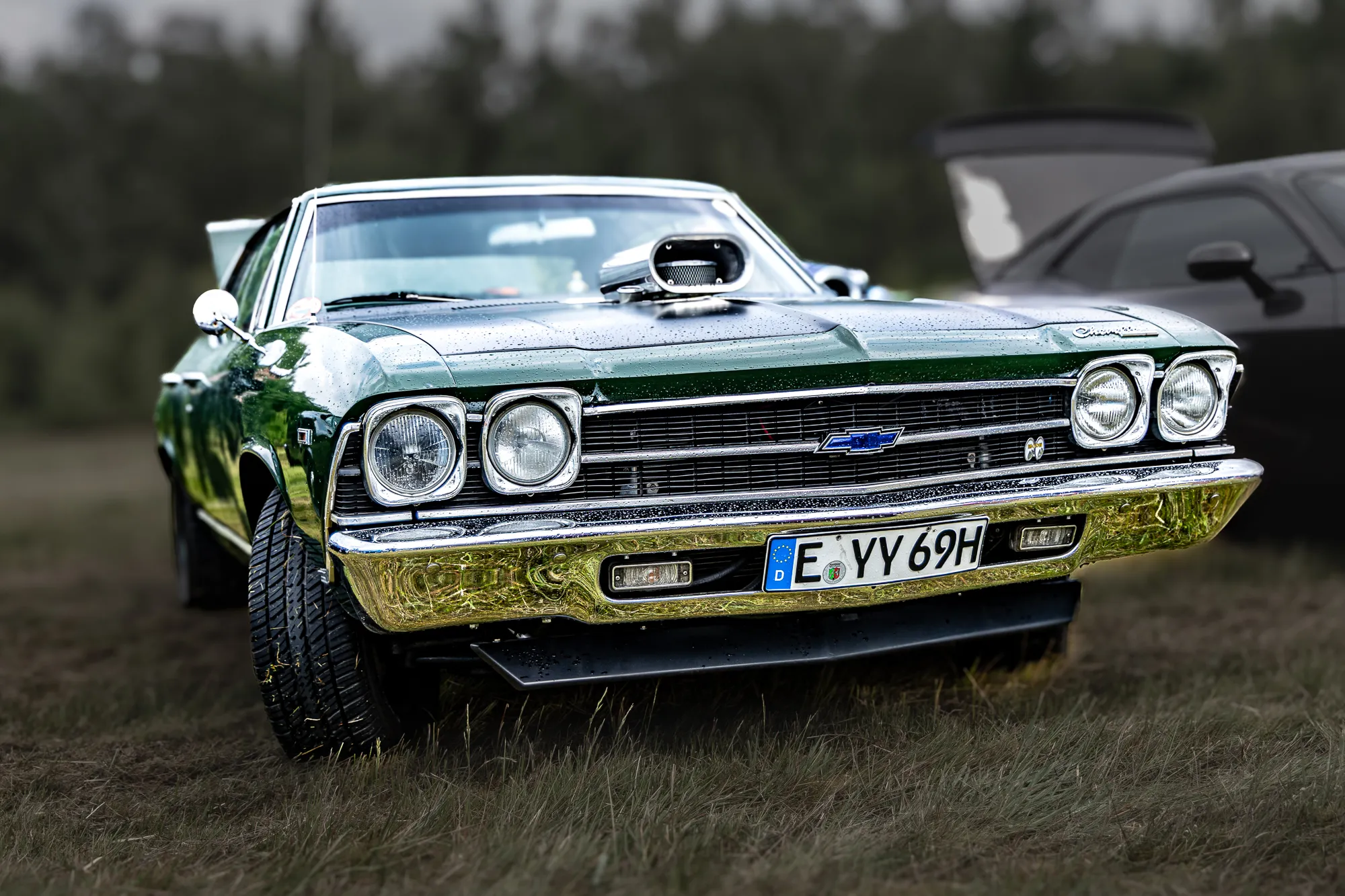 Grüner Chevrolet Chevelle mit sichtbarem Kompressoraufbau auf der Motorhaube, verchromten Doppelscheinwerfern und Fronstoßstange, fotografiert aus der Froschperspektive auf einer Wiese.