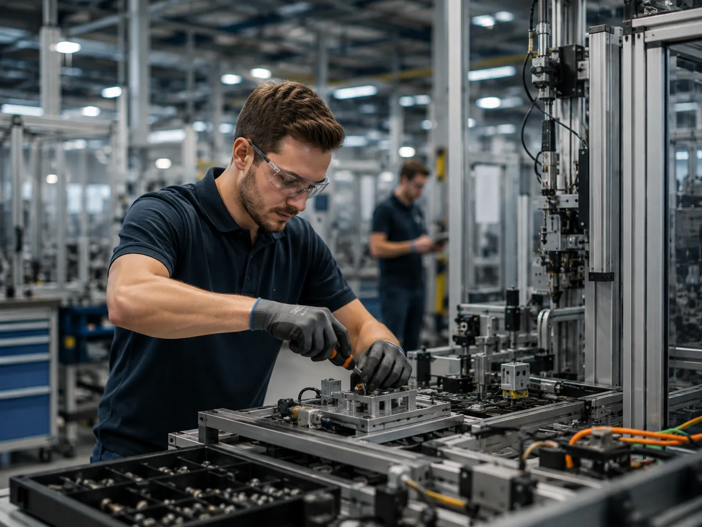 Mitarbeiter bei der Montage in einer Produktionshalle