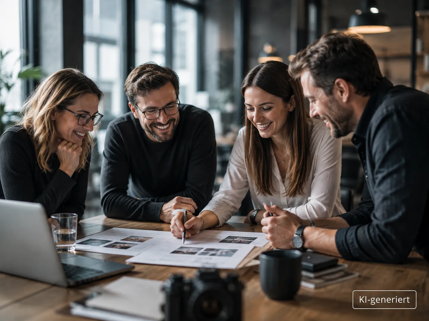 Team beim gemeinsamen Durchsehen von Bildmaterial am Tisch