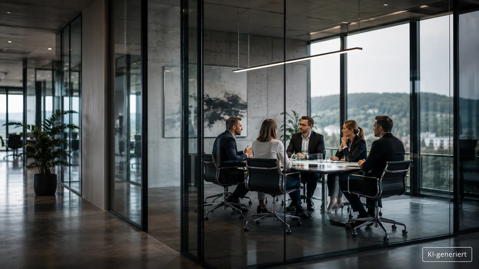 Team im Besprechungsraum mit Glasfront und Ausblick