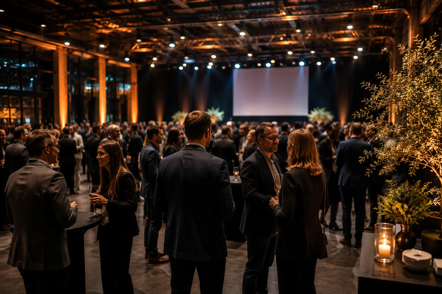 Gäste mit Getränken im Gespräch in einer stimmungsvoll beleuchteten Eventlocation