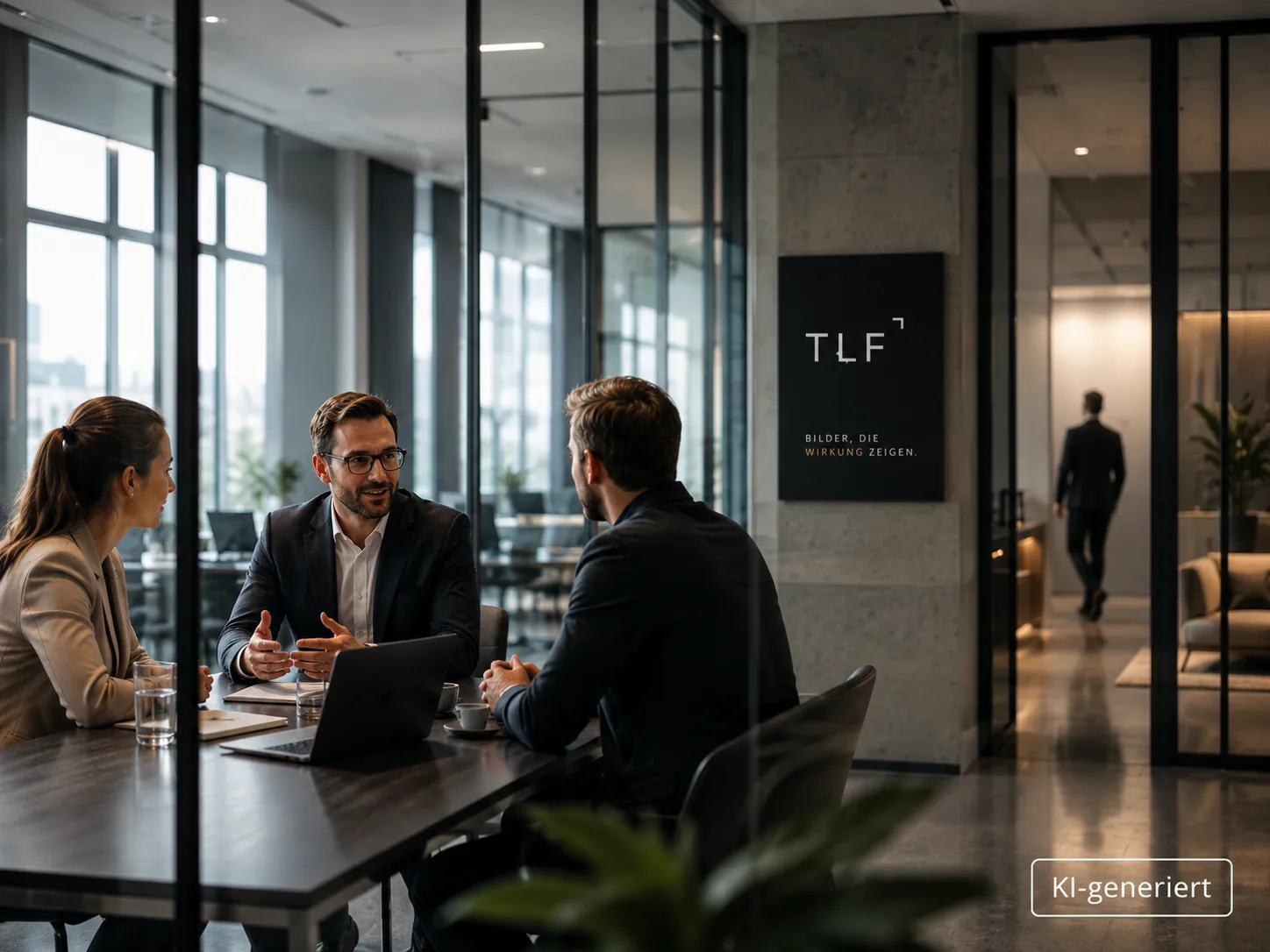 Drei Personen im Gespräch in einem modernen Büro mit Glaswänden