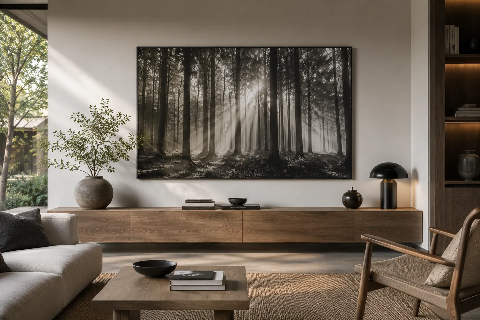 Schwarz-weiß-Waldmotiv als großformatiger Wandabzug im Wohnbereich